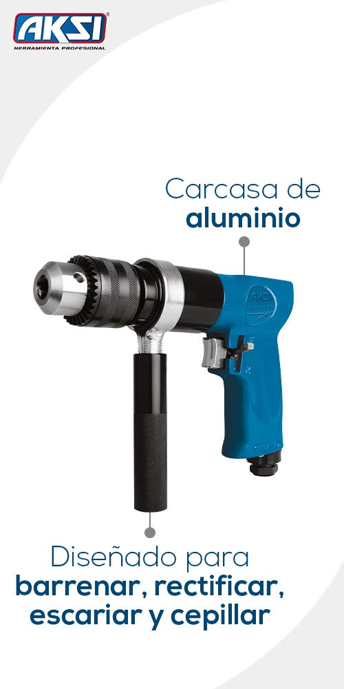 TALADRO REVERSIBLE 1/2" AKSI, Línea SEMI PROFESIONAL - Broquero de 1/2" (1.5 mm / 13 mm) Con una velocidad de 500 RPM - 90-115 PSI entrada de aire 1/4" NPT TALADRO NEUMÁTICO REVERSIBLE - AKSI - PRO - NPT (1/2", SEMI PRO)