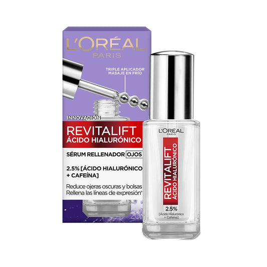 L'Oréal Paris Sérum Ojos Revitalift Ácido Hialurónico revitaliza los ojos disminuye ojeras oscuras y bolsas, ácido hialurónico para hidratar y rellenar líneas de expresión + 1% de cafeína pura para reducir ojeras. 20ml
