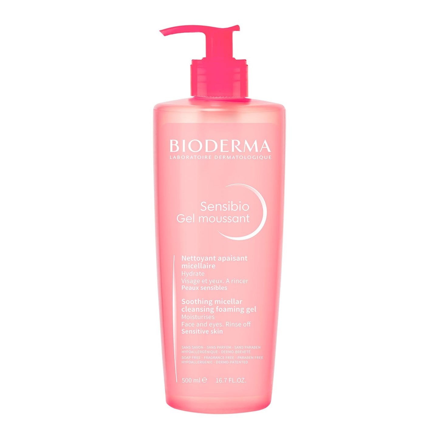 BIODERMA, Limpiador Facial, Sensibio Gel Moussant, Gel Micelar para Piel Sensible, Hidratación al instante, 500 ml