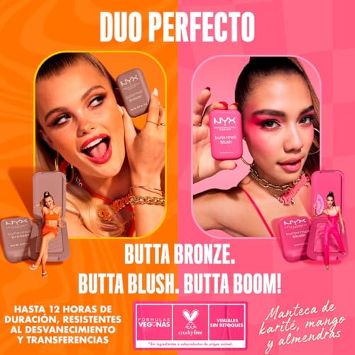 NYX Professional Makeup, Buttermelt Blush, Tono: Butta with Me (rosa pálido). Rubor cremoso en polvo infusionado con manteca de karité, mango y almendras, hasta 12hrs de uso, no se desvanece, resistente a transferencias. Fórmula vegana.