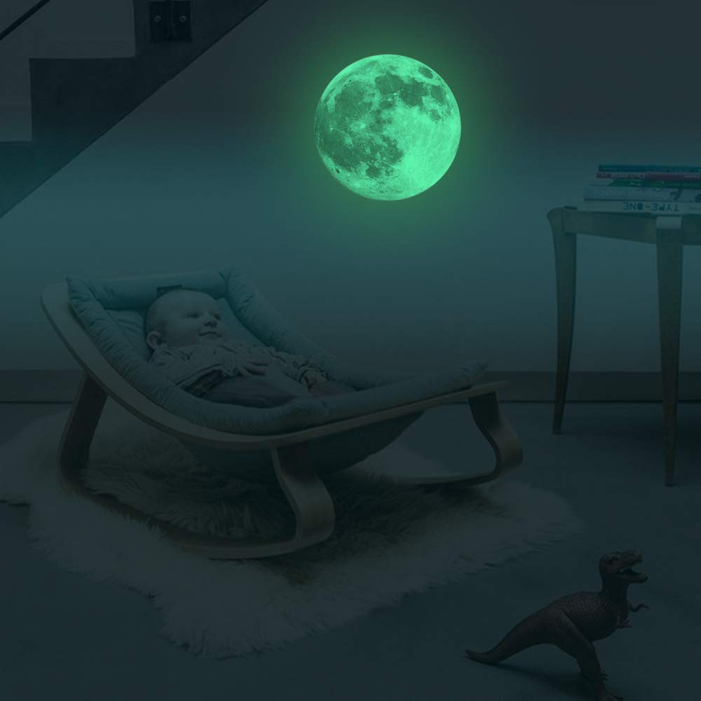 Homics Pegatinas de pared de luna que brillan en la oscuridad, 30 cm, adhesivo luminoso por la noche, perfecto para techo o pared para dormitorio de los niños (verde)