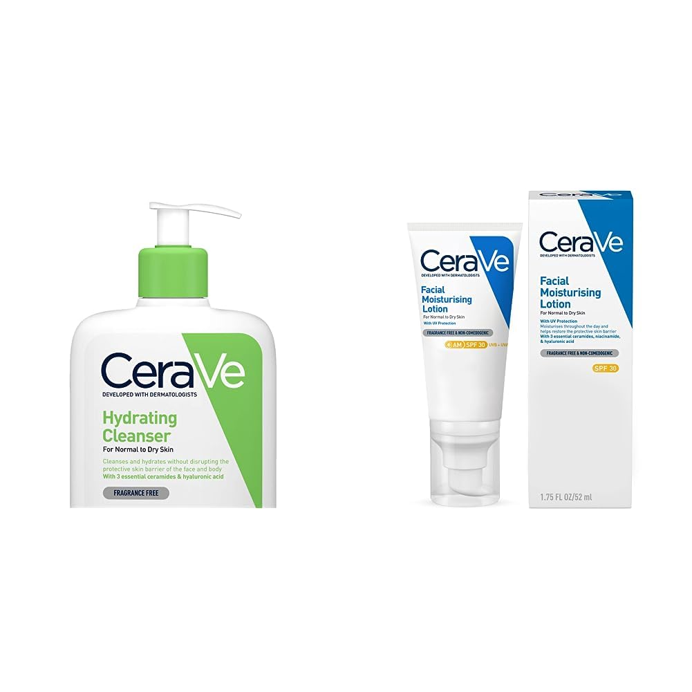 CeraVe Loción Hidratante de Rostro FPS30 |52ml| Hidratante facial diario con protector solar | Libre de fragancia + Limpiadora Hidratante para Rostro y Cuerpo - 1 x 473 ml