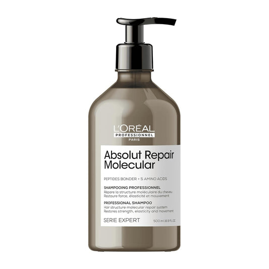 L'Oréal Professionnel Absolut Repair Molecular Shampoo | Shampoo reparador molecular | Libre de sulfatos | Para cabello muy dañado | Con tecnología 2% reparador de péptidos + 5 aminoácidos | Repara el cabello y restaura su fuerza | Repara la estructura mo