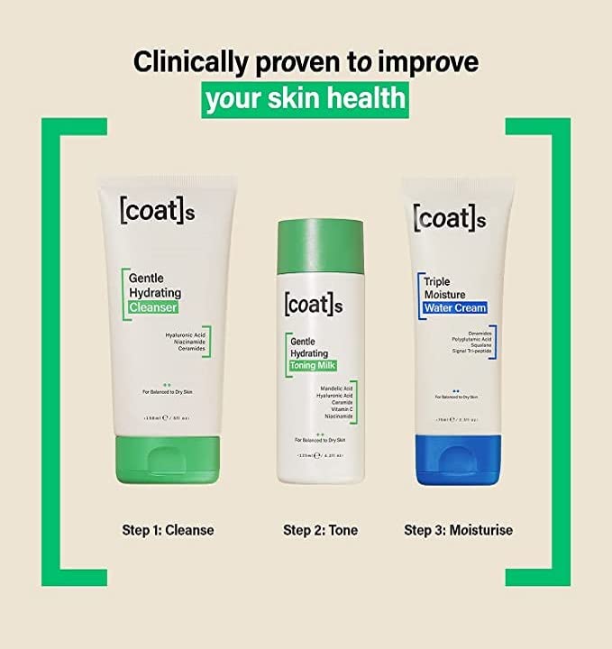 Coats Paquete De Cuidado De La Piel, Limpiador Facial Hidratante Suave + Tónico + Humectante Facial. Set De Cuidado De La Piel Para Mujer Y Hombre Con Ácido Hialurónico + Ceramidas, Pieles Mixtas A S