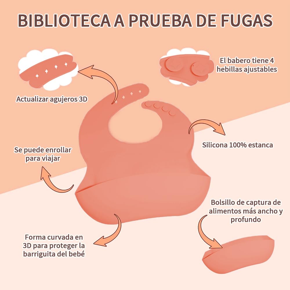 FINYQBET Platos Para Bebés De Silicona Con Tazón Cuchara Tenedor Babe,Set de 8 Piezas para Bebés,Plato para Bebe con Ventosas, Ajustable,NARANJA