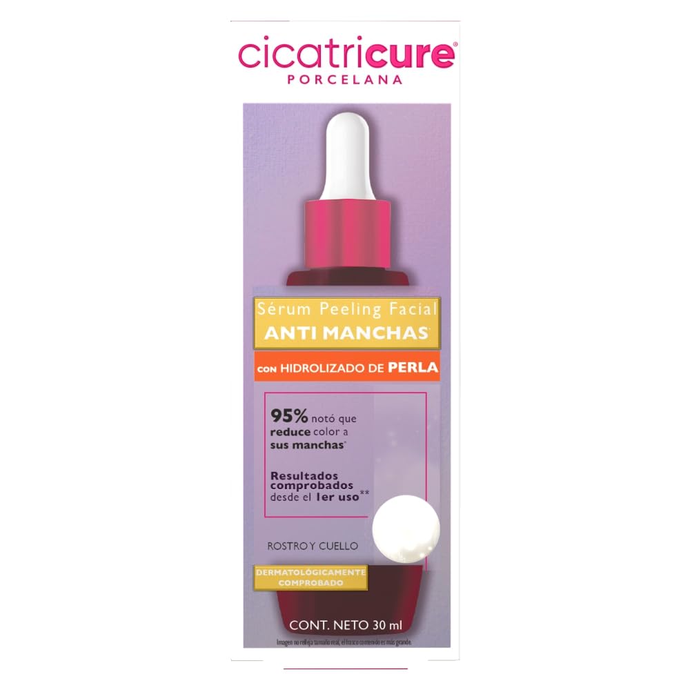 CICATRICURE - Porcelana Serum Peeling Facial. Efecto anti-manchas con hidrolizado de perla, mejora la textura, luminosidad y claridad de la piel. Uso para rostro y cuello, botella con 30ml