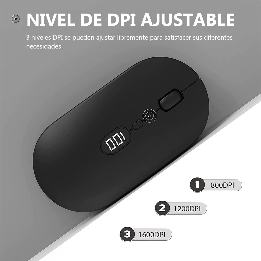Free wolf X1 Mouse Inalámbrico con Pantalla de Batería, Wireless óptico Recargable 2.4 G Ergonómico Silencioso Click 800/1200/1600 Ajustable dpi Ratón para Computadora,Portátil,PC,Mac (Negro)