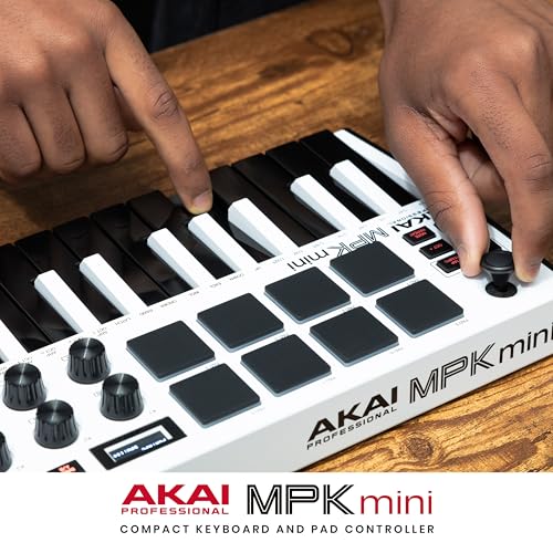 Akai Professional MPK Mini MK3 - Teclado Controlador MIDI USB de 25 Teclas con 8 Drum Pads, 8 Perillas, Software de Producción Musical y Native Instruments Sound Package (NKS Integration), Blanco
