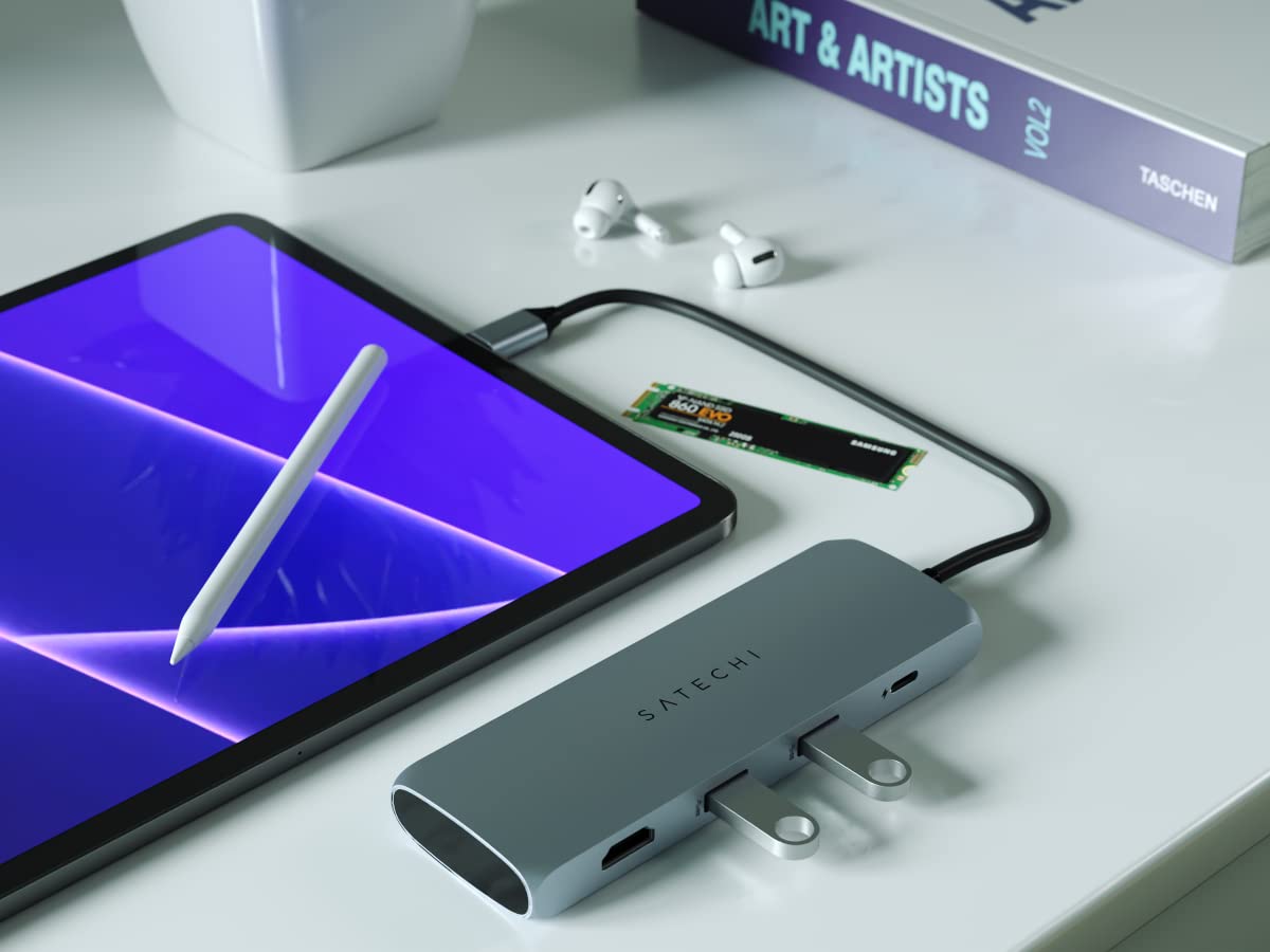 Adaptador Multipuertos Híbrido USB-C SATECHI Gris Espacial con Puertos M.2 SATA SSD y HDMI 4K 60Hz