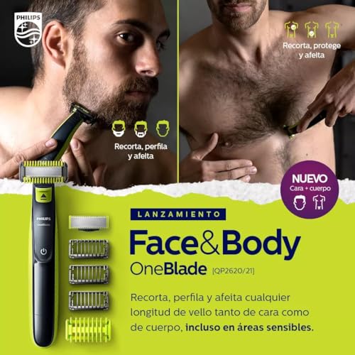 Philips OneBlade Recortadora y Afeitadora Eléctrica Face & Body 3 peines guía, 2 peines para cuerpo, QP2824/10