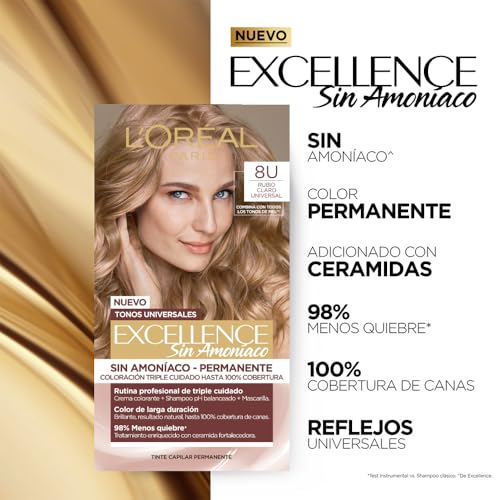 Pack de 2 Tintes sin Amoniaco L'Oréal Paris Excellence Tono 8U Rubio Claro Universal - Coloración Profesional para Cabello