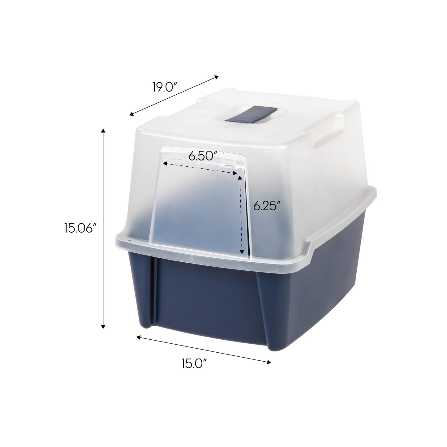 IRIS USA Caja de Arena para Gatos Grande con Cubierta Frontal con Abertura y Paleta, Bandeja de Arena para Gatos con Capucha y Puerta de Entrada para Privacidad, Marino