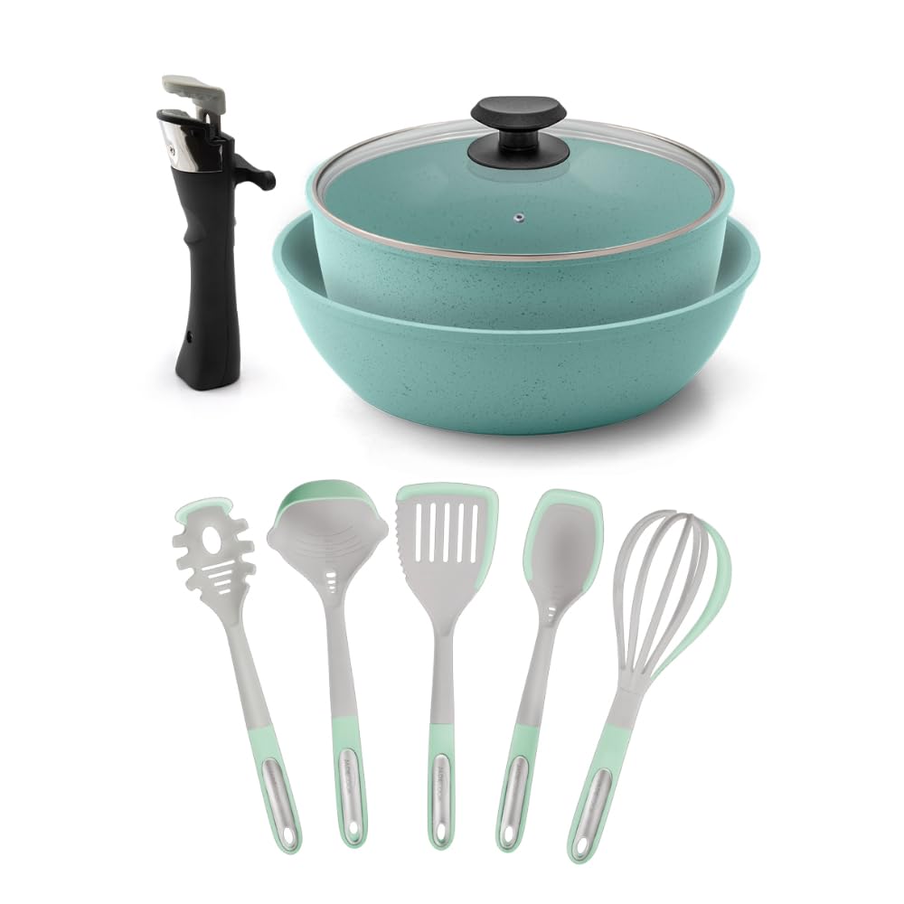 JADECOOK Batería de cocina Jade Smart antiadherente 10 piezas, mango desmontable y utensilios multipropósito con 6 capas de recubrimiento antiadherente 100% libre de tóxicos
