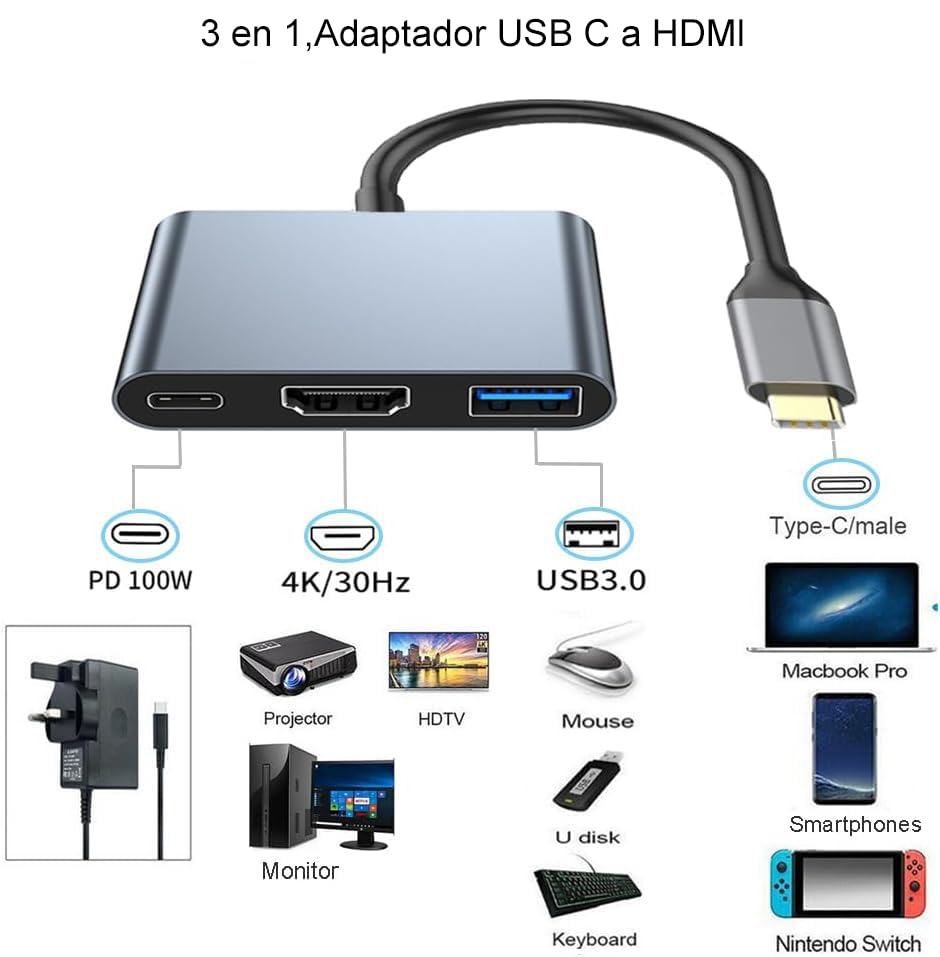 Adaptador USB C a HDMI ZOKNGB Gris con Hub 3 en 1 y Salida HDMI 4K Compatible con MacBook Pro/Air/iPad DELL XPS