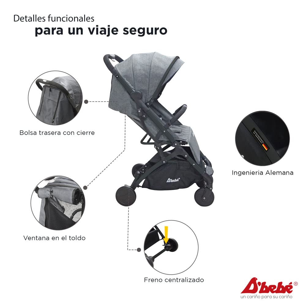D´BEBÉ - Carriola Wing - Carriola ultra-ligera con plegado Super Compacto - Manubrio con Cierra Facil - Para Bebés de 3 Meses de Edad hasta 3 años - Color Gris