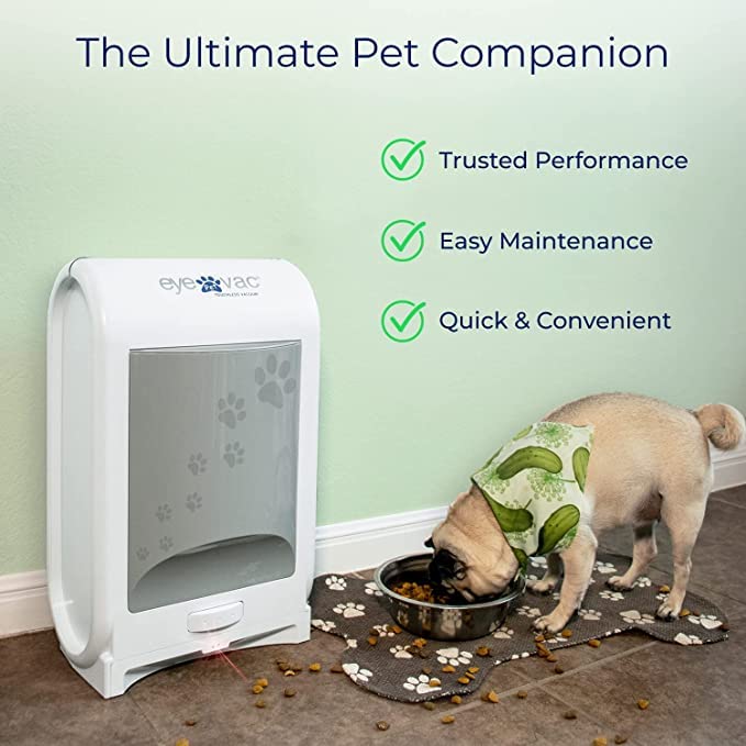 EYE-VAC Aspiradora sin contacto para mascotas, recogedor automático, bote sin bolsa de 1400 W para pelo y suciedad, color blanco