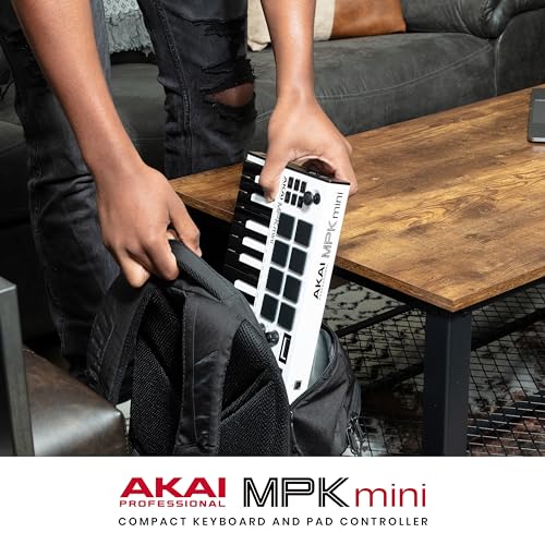 Akai Professional MPK Mini MK3 - Teclado Controlador MIDI USB de 25 Teclas con 8 Drum Pads, 8 Perillas, Software de Producción Musical y Native Instruments Sound Package (NKS Integration), Blanco