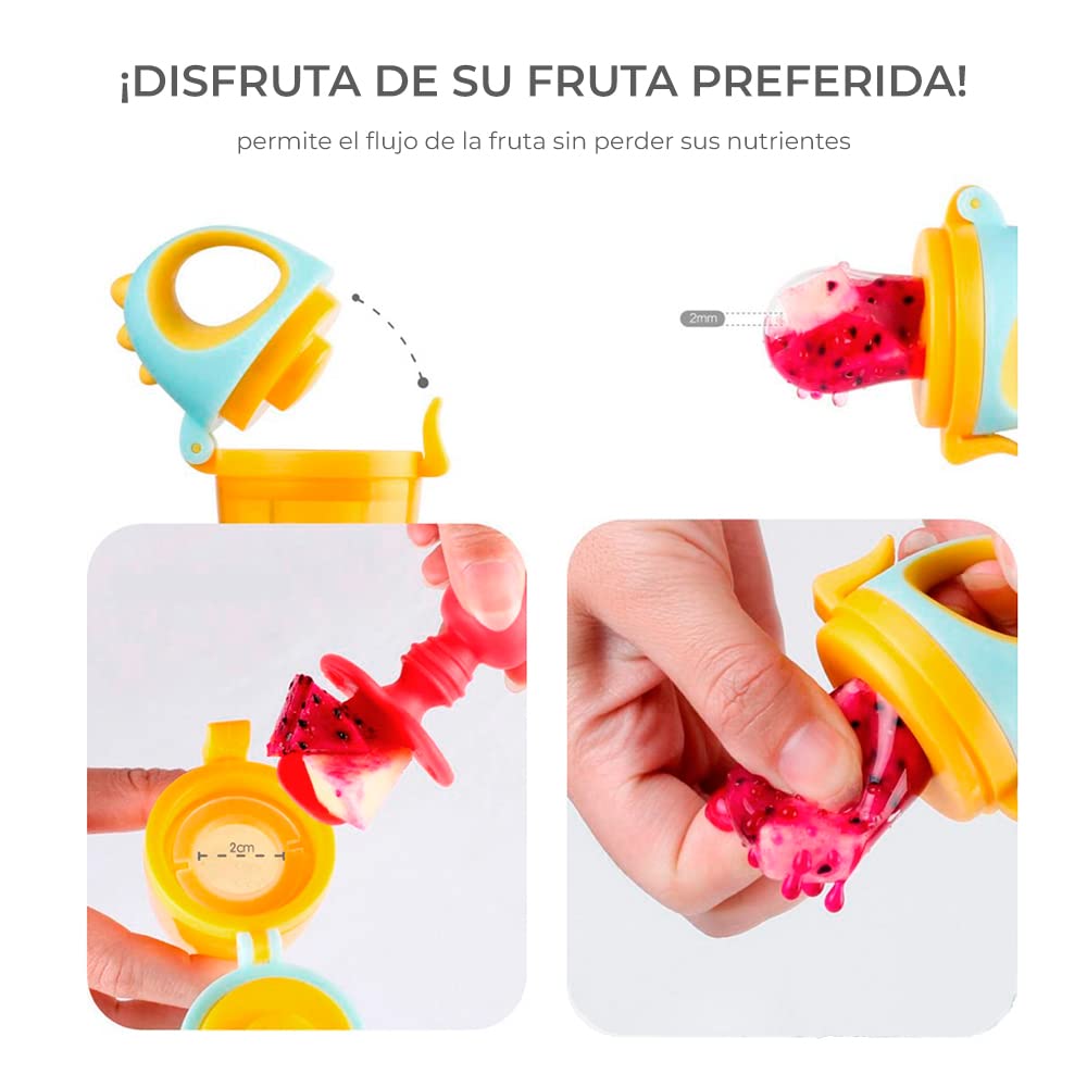 Chupón De Frutas y Papillas + Guante Mordedera, Membrana Sonora, Relieve Estimulante para Bebé, Libre BPA, 3m+ (Chupón Dino Rosa + Guante Rosa)