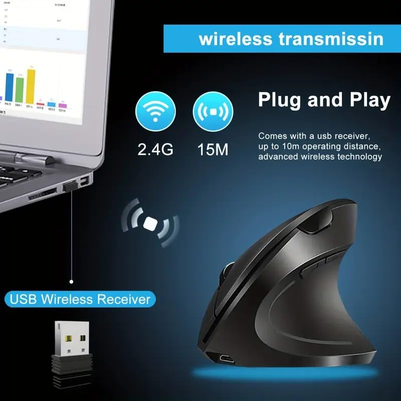 BWEFVB Ratón Ergonómico Vertical Inalámbrico Recargable USB-C, 2400DPI Ajustable - Mouse Inalámbrico Silencioso para Oficina/Juegos, Diseño Antideslizante y Cómodo para Aliviar Dolor de Muñeca (Gris)