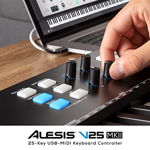 Alesis V25 MKII - Teclado Controlador MIDI USB, 25 teclas sensibles a la velocidad, 8 Pads con Full Level, Arpegiador, Rueda Pitch/Mod, Note Repeat y Suite de software