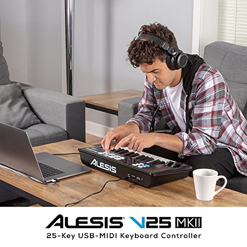 Alesis V25 MKII - Teclado Controlador MIDI USB, 25 teclas sensibles a la velocidad, 8 Pads con Full Level, Arpegiador, Rueda Pitch/Mod, Note Repeat y Suite de software