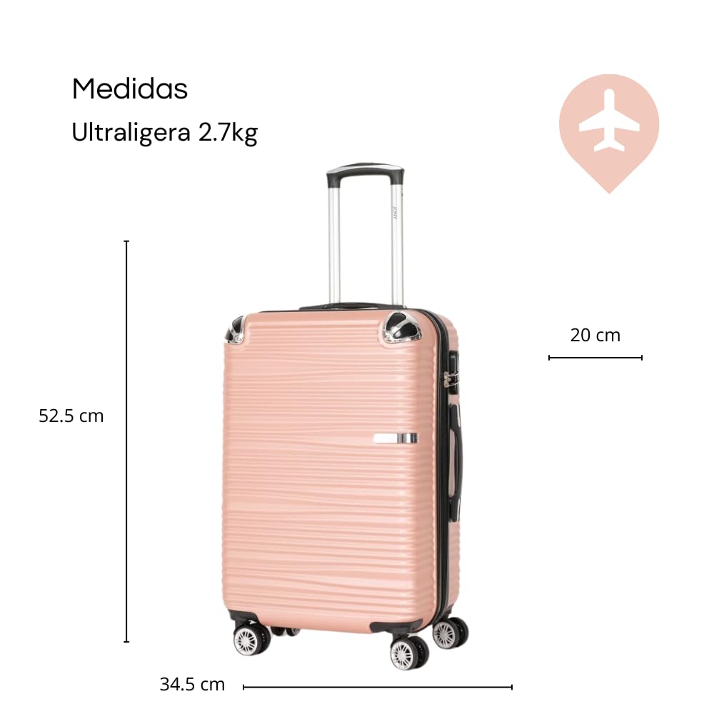 Maleta de Mano JONY Carry On Rigida Resistente Ruedas Giratorias 360 Mango Expandible ABS Candado de Seguridad (Oro Rosa Rayado)