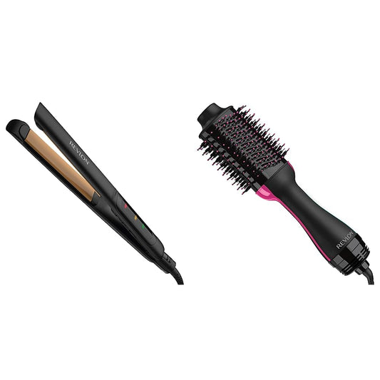 Revlon Plancha de Cabello Resultados Lisos y Brillantes, 1" XL (2.54 cm) + Salon One-Step Secador y Voluminizador, Negro