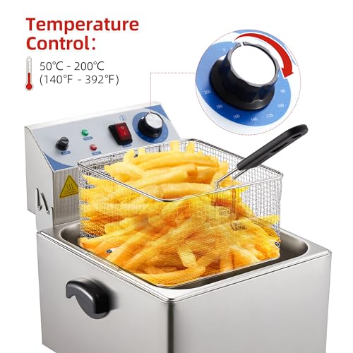 Freidora eléctrica de 11 L, freidora de acero inoxidable de 10 cuartos con cesta, freidora de encimera de un solo tanque con control de temperatura ajustable, perfecta para cocina y restaurante