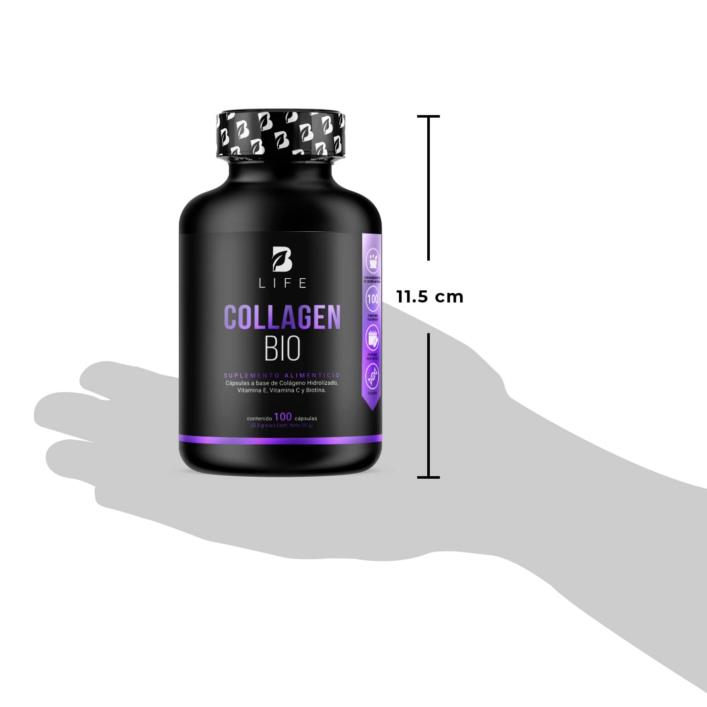 Biotina de 100 Cápsulas. Ingredientes naturales: Colágeno, Vitamina E y Vitamina C. Collagen Bio B Life.