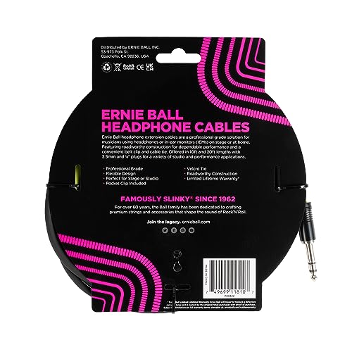 Ernie Ball Headphone Extension Cable 1/4 to 3.5mm 10ft - Black