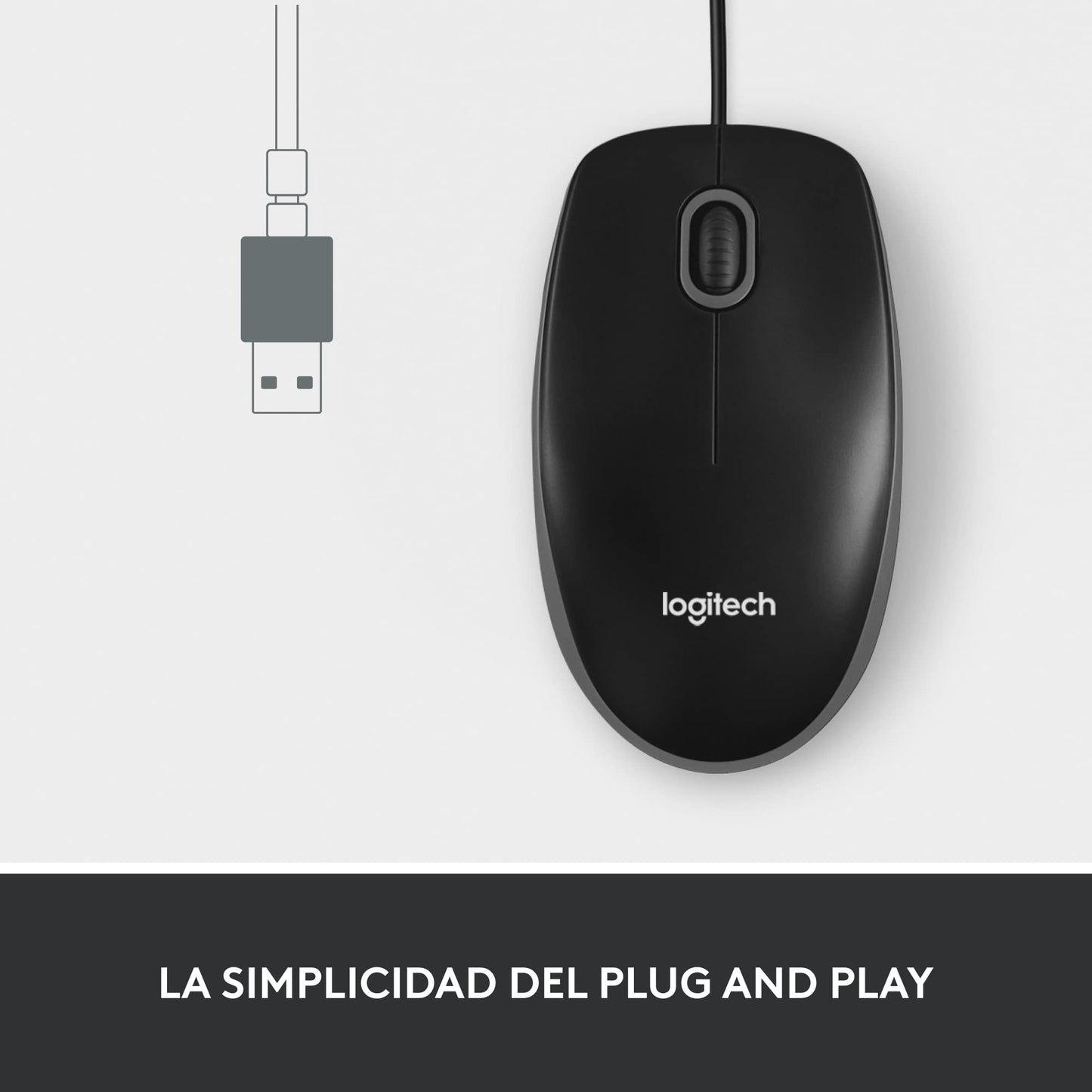 Logitech M100 Mouse con Cable USB, 3 Botones, Seguimiento Óptico, 1000 DPI, Ambidiestro, Compatible con PC, Mac, Laptop - Negro