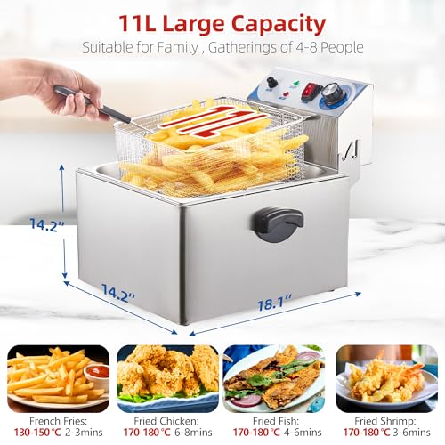 Freidora eléctrica de 11 L, freidora de acero inoxidable de 10 cuartos con cesta, freidora de encimera de un solo tanque con control de temperatura ajustable, perfecta para cocina y restaurante