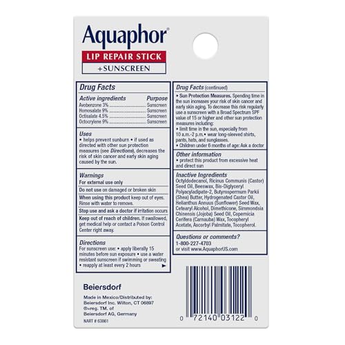 Aquaphor Lip Repair Stick with Sunscreen, Lip Protectant, Soothes Dry Chapped Lips, 0.17 Oz Stick (Pack of 4)