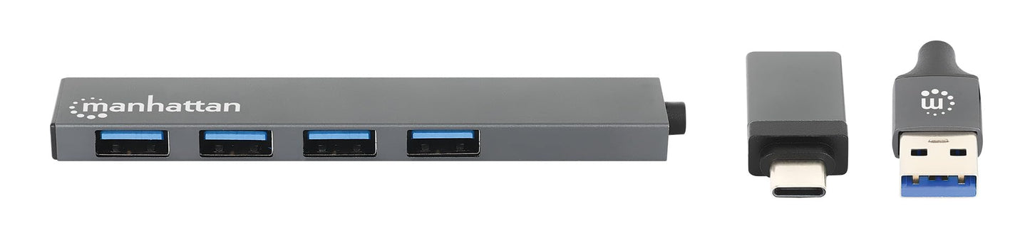 MANHATTAN Hub USB 181006 con 4 Puertos USB 3.2 Gen 1, con Conector Adaptable de USB-A a USB-C, SuperVelocidad de 5 Gbps, Alimentación por Bus, Fabricado en Aluminio, Gris Espacial