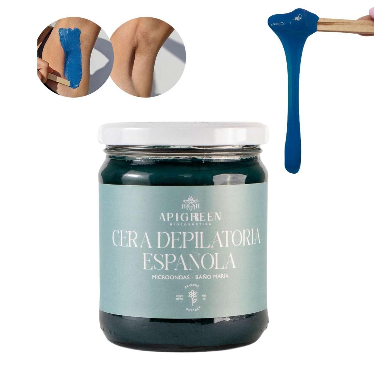 APIGREEN - CERA ESPAÑOLA DEPILATORIA (400GRS) + APLICADORES, PIEL SENSIBLE - BIKINI, ROSTRO, PIERNAS, BARBA | DEPILA SIN DOLOR | EFICAZ EN TODO TIPO DE VELLO (Azuleno)