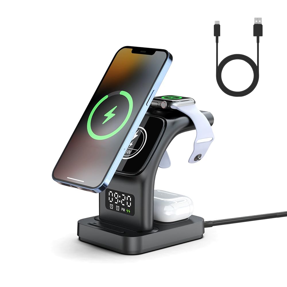 AHED Cargador Inalámbrico Magnético 5 en 1, Estación de Carga de 15W con Luz LED, Compatible con Magsafe, Adecuado para iPhone 15/14/13/12/11/10/9/8/SE/Pro/ProMax/Mini, AirPods, iWatch (Negro)
