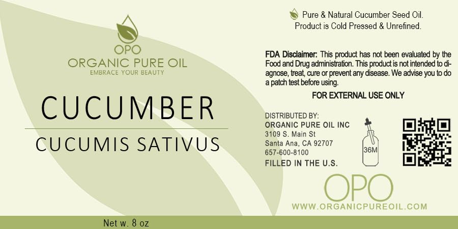 OPO Cucumber Seed Oil - 8 oz - 100% Pure, Unrefined, Cold Pressed, Non-GMO, Hexane-Free, Vegan Carrier Oil for Skin, Hair, Nails, Body, Face & More - Hydrating, Nourishing, Skin Rejuvenating#