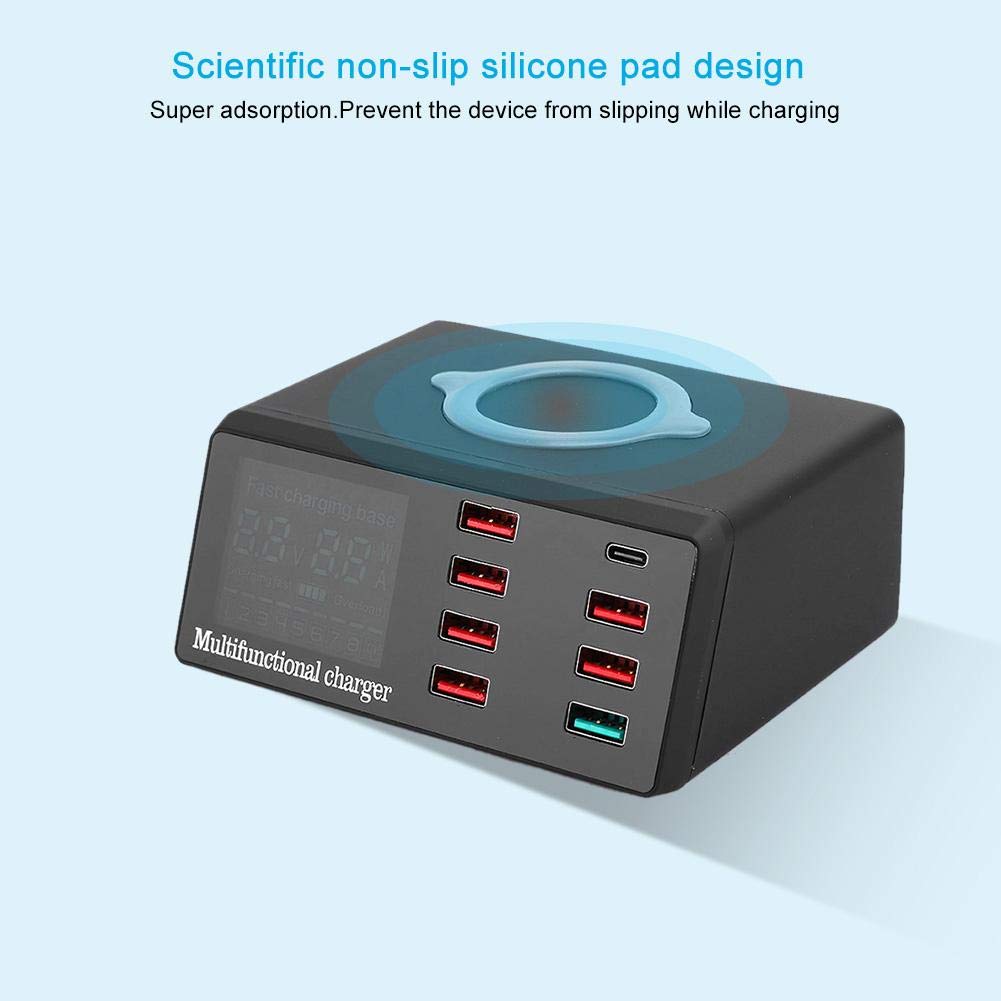 fosa1 Cargador inalámbrico de Pantalla Digital Inteligente, Cargador inalámbrico de Puertos múltiples QC3.0 Hub de estación de Carga de Escritorio con Puerto USB QC3.0(Negro US)