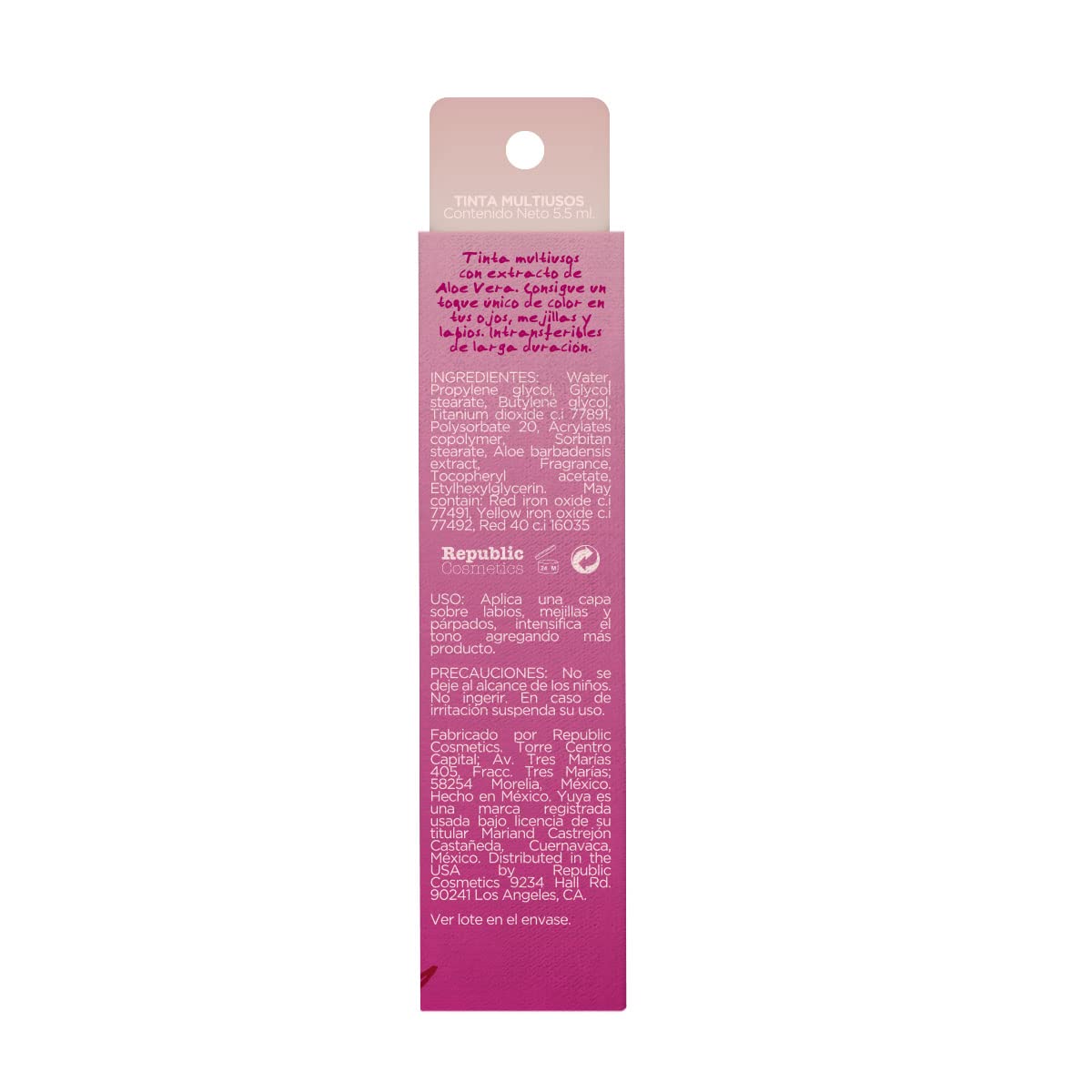 Republic Cosmetics Yuya Tinta multiusos Fugaz de larga duración para labios, ojos y mejillas con extracto de Aloe Vera Color Fucsia