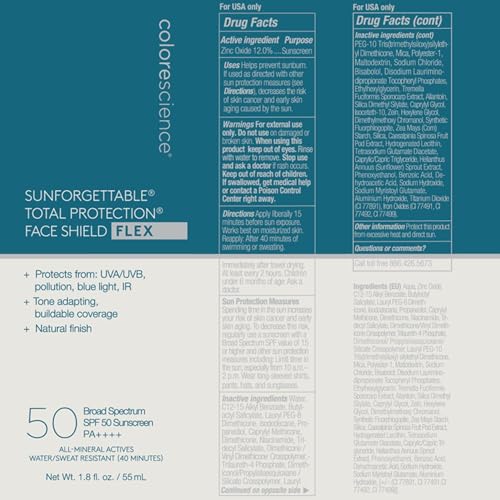 Colorescience. Sunforgettable Total Protection Face Shield Flex SPF 50 /PA++++, UVA /UVB, Protector solar mineral facial con color y cobertura - tono Fair, antioxidantes, resistente al agua, sin quimicos ni aceites, textura media, 55ml.