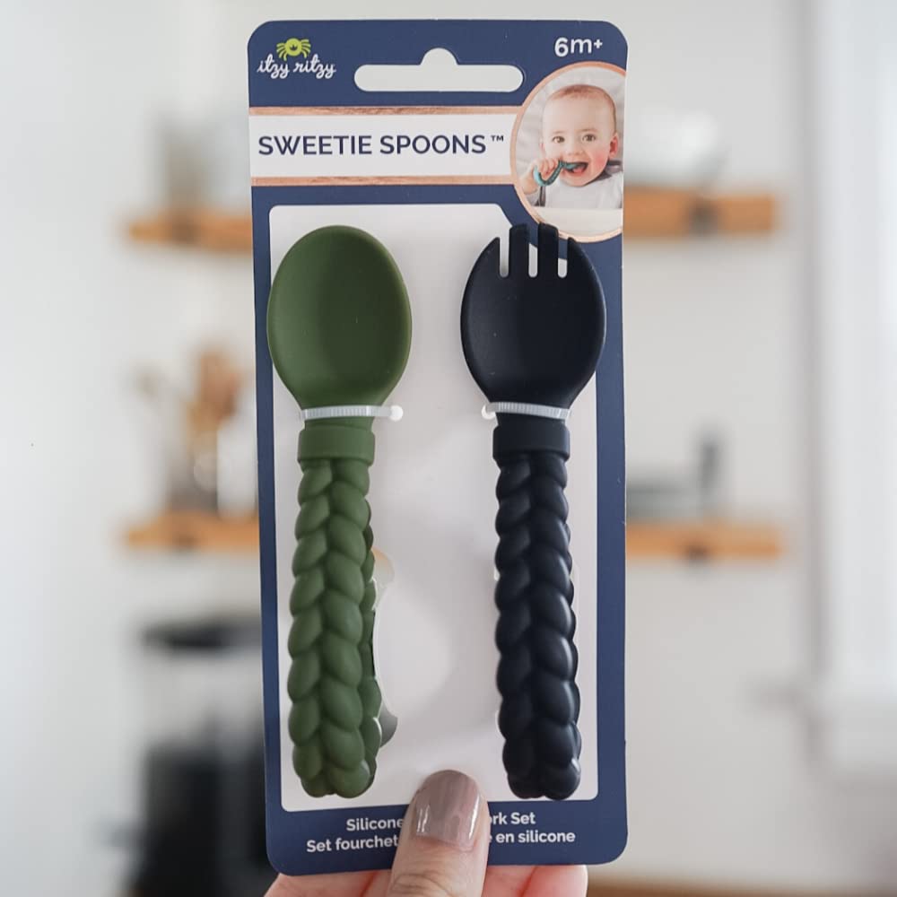 Itzy Ritzy Silicone Spoon & Fork Set; Baby Utensil Set Features A Fork and Spoon with Looped, Braided Handles; Made of 100% Food Grade Silicone & BPA-Free; Ages 6 Months and Up, Camo and Midnight