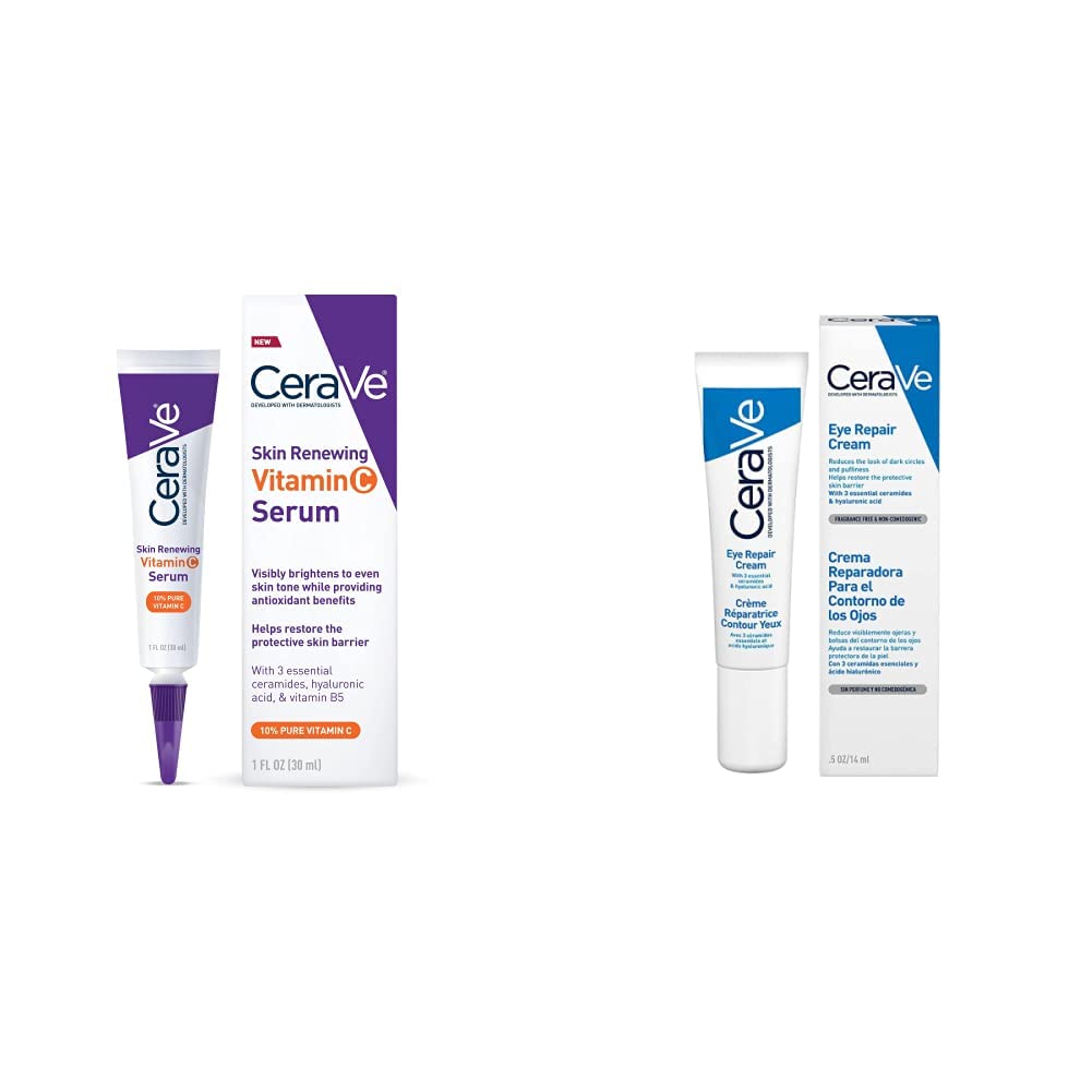 CeraVe - Sérum de vitamina C con ácido hialurónico | Sérum iluminador de piel para rostro con un 10% de vitamina C pura | Sin fragancia | 1 onza Oz + Crema Reparadora para el Contorno de Ojos |14gr