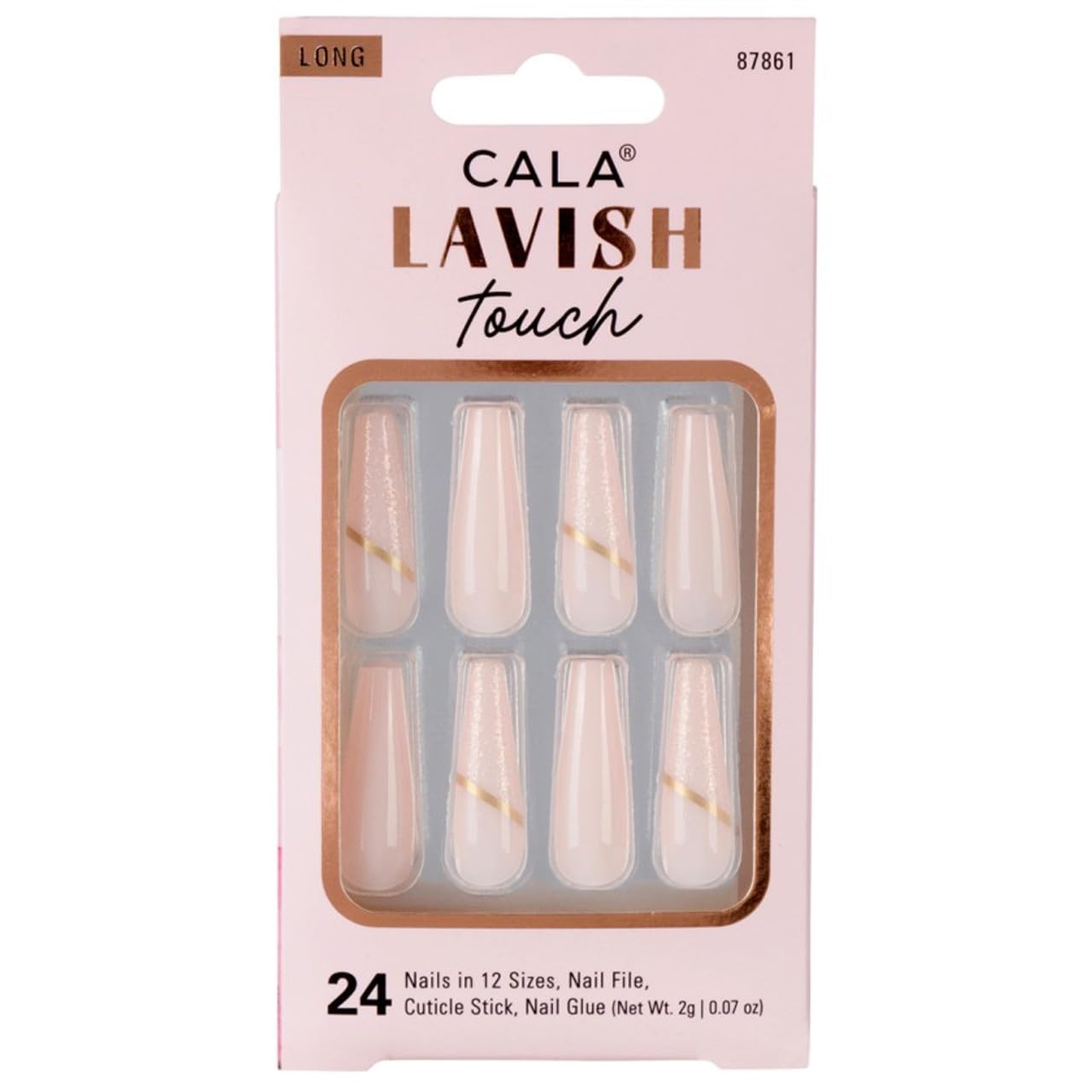CALA - "Lavish Touch" uñas postizas largas (24 uñas en 12 tamaños, color rosa claro y con brillo)