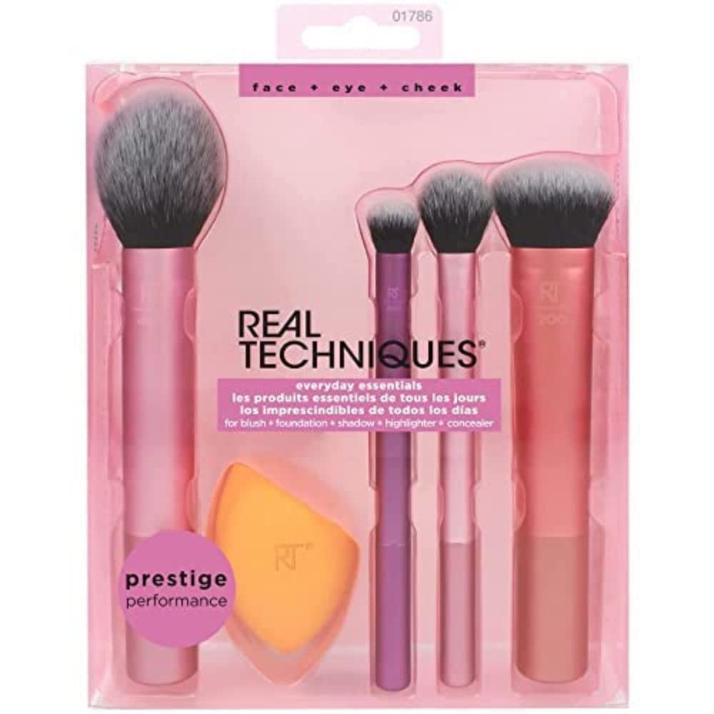 Real Techniques, Everyday Essentials, Set de Brochas de Maquillaje con Esponja Multifuncional, Kit de Accesorios Esenciales +, Dúo de Brochas de Maquillaje para Ojos