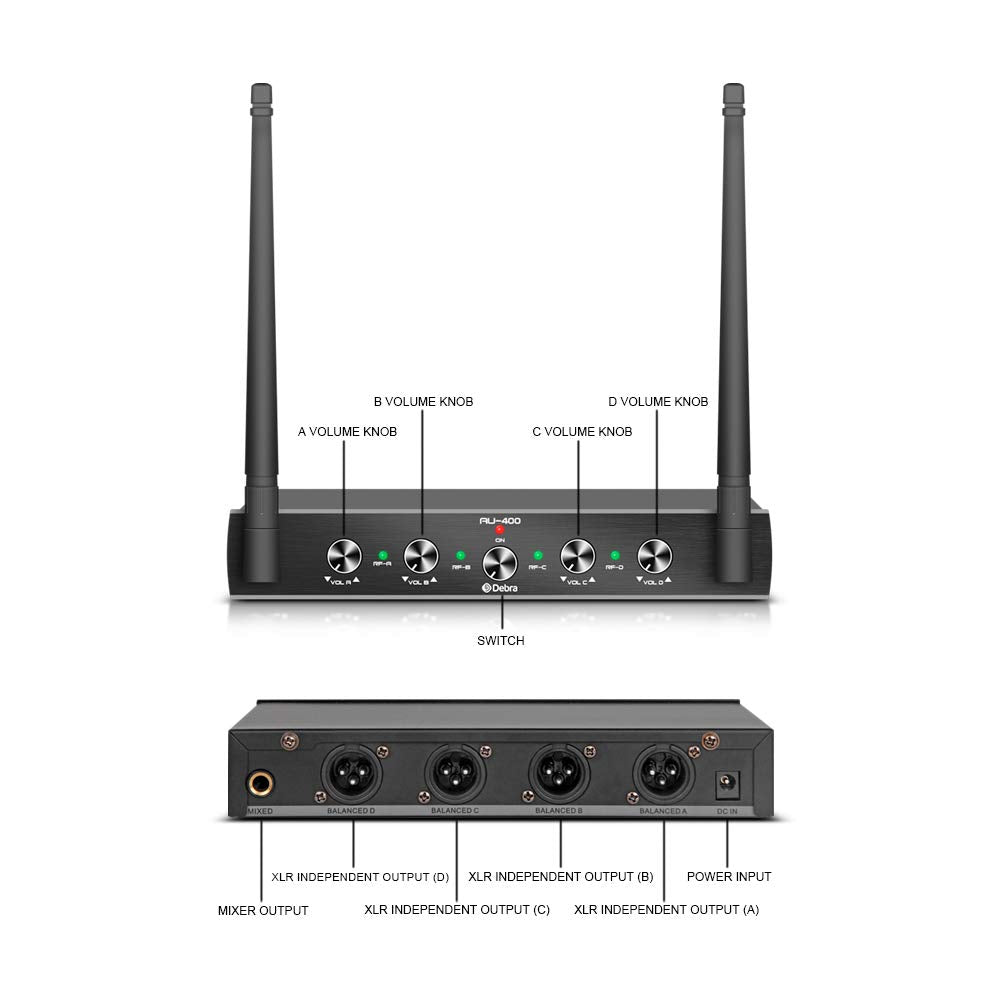 Debra Audio Pro UHF Sistema De Micrófono Inalámbrico De 4 Canales con Micrófonos Inalámbricos, Receptor De Metal, Ideal para La Fiesta De La Iglesia De Karaoke (with 4 Handheld (B))