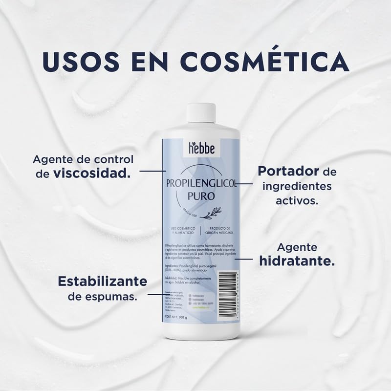 Hebbe - Propilenglicol, Hidratante y Solvente para Cosméticos, 500 g