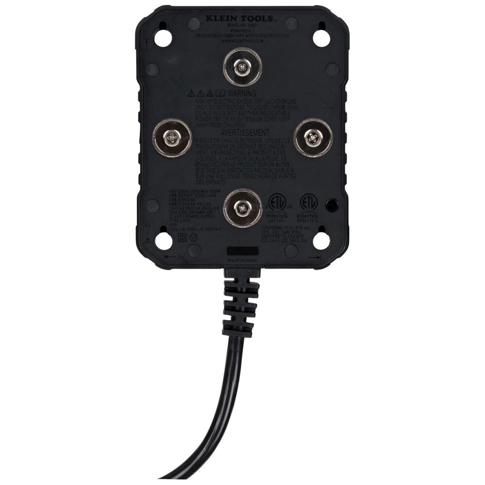 Klein Tools 29601 Multicontacto magnético con Protector de sobretensión, Cable de extensión, 4 Tomas, 3 Puertos USB, Cable de 1.5 Metros, con luz, PowerBox 1