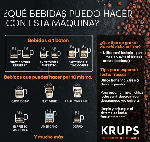 KRUPS Espresseria automática Quattro Force es como un barista en casa con resultados profesionales en cada taza, con molino integrado. Capacidad 1.8L, EA815050