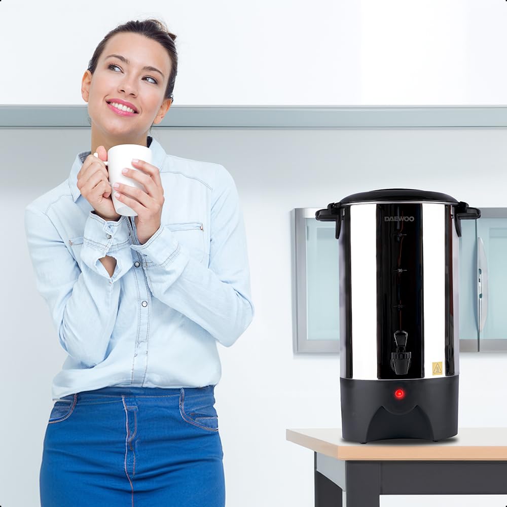 DAEWOO Cafetera eléctrica DCP-6L-40 con cap. 6L de acero inoxidable, tapa con asas y dispensador antigoteo con potencia de 1000W