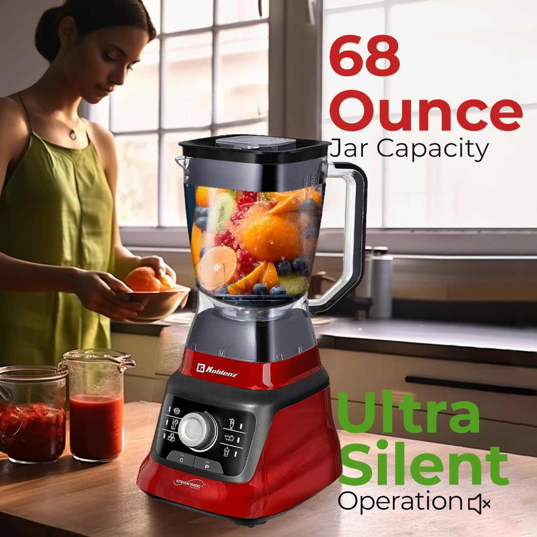 Koblenz Licuadora Profesional LKM-9608 PRO, 1400 Watts, Velocidad Ajustable, 6 programas y Función de Pulso, Ultra Silenciosa, Vaso Plástico de 2 L, Vaso Portátil de 900ml, Más Accesorios, Color Rojo